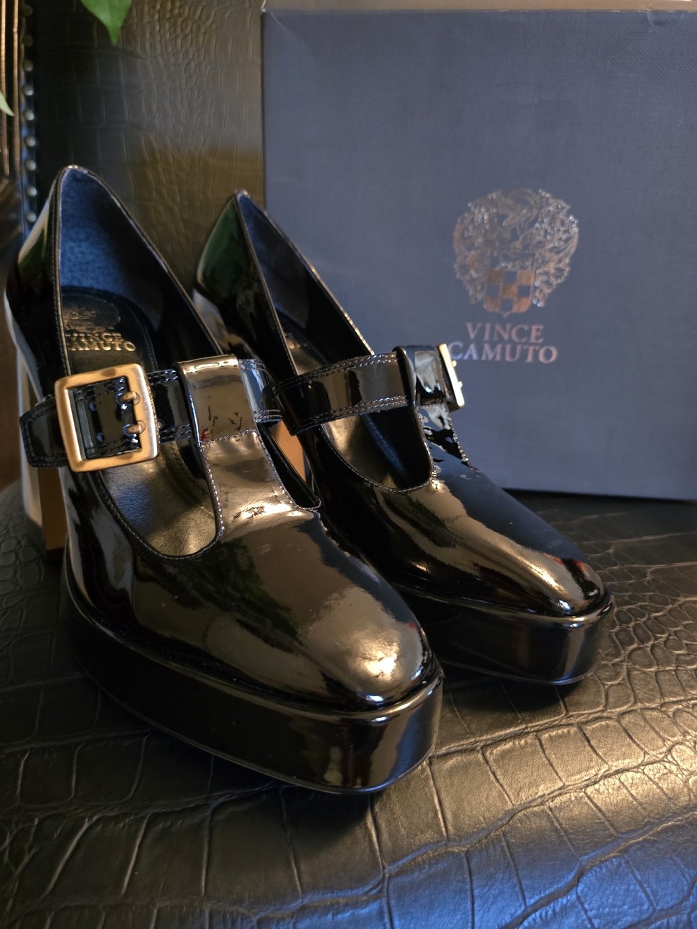 Vince Camuto Black Patent Mary Jane Platform Heels with Gold Buckle